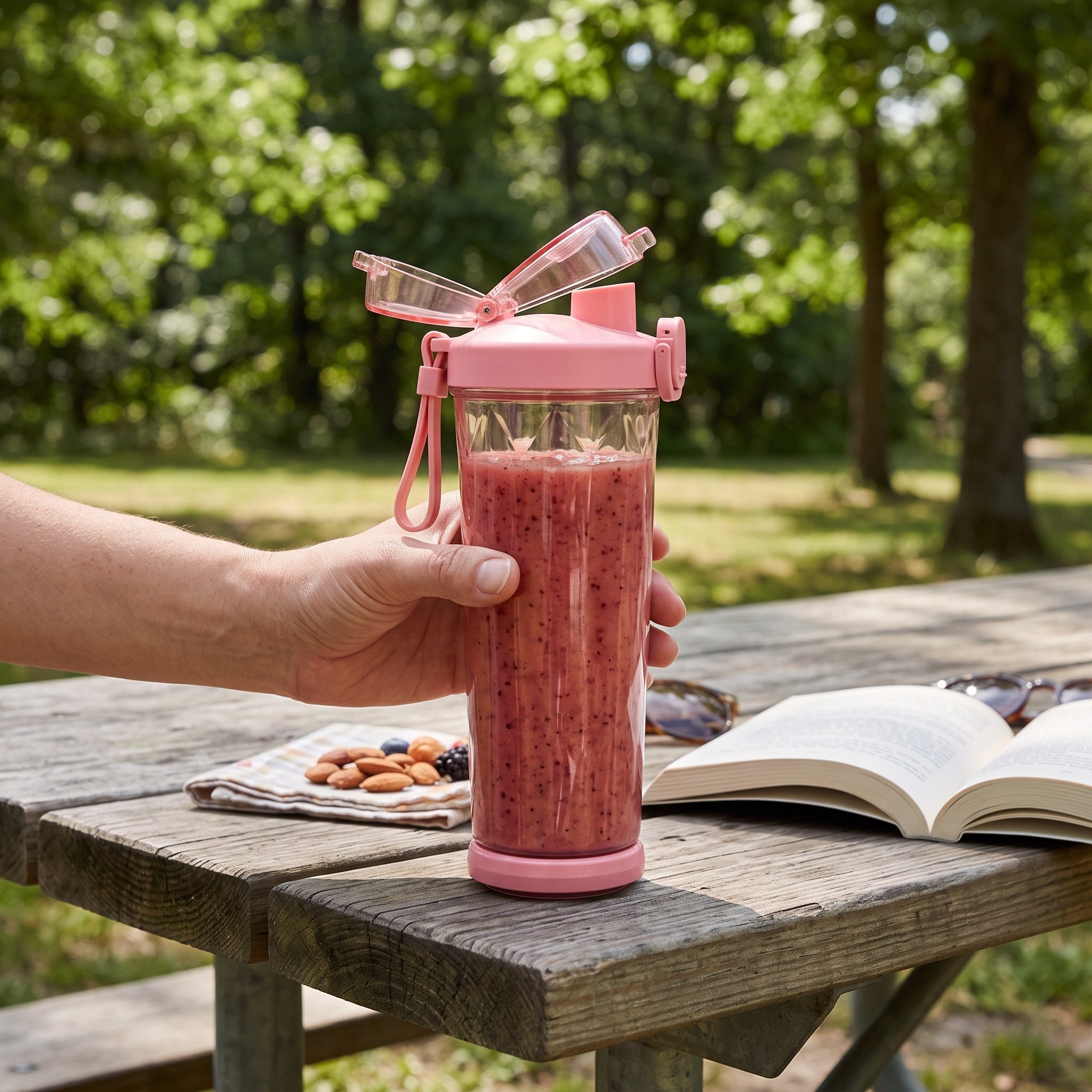 Pink smoothie cup at a picnic bench