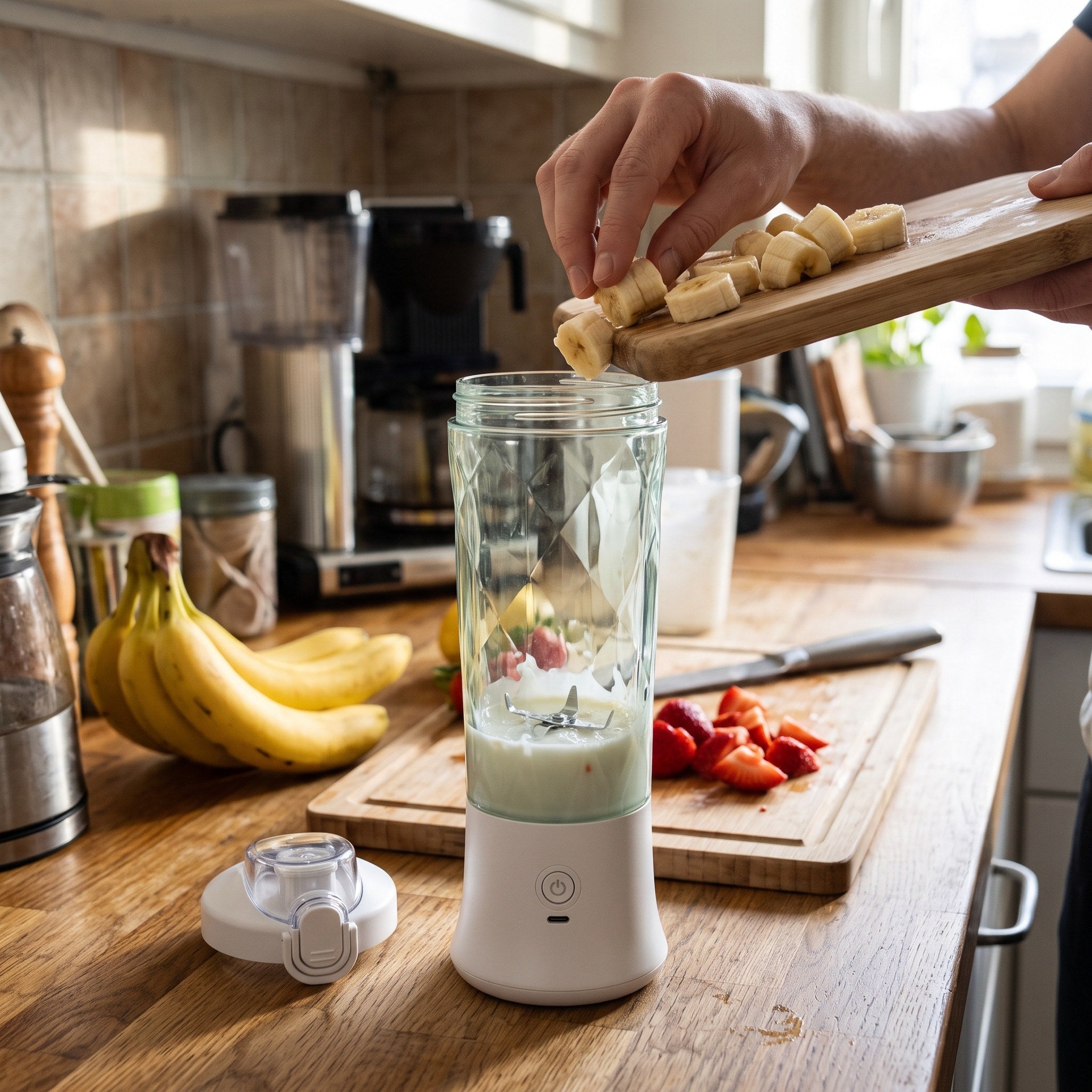 White blender and fresh fruit in morning kitchen light