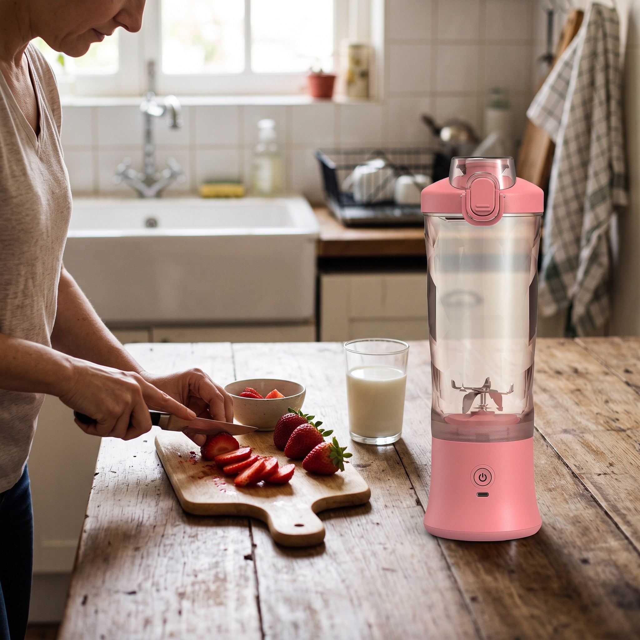 Prepared soft fruit beside a blender cup and milk