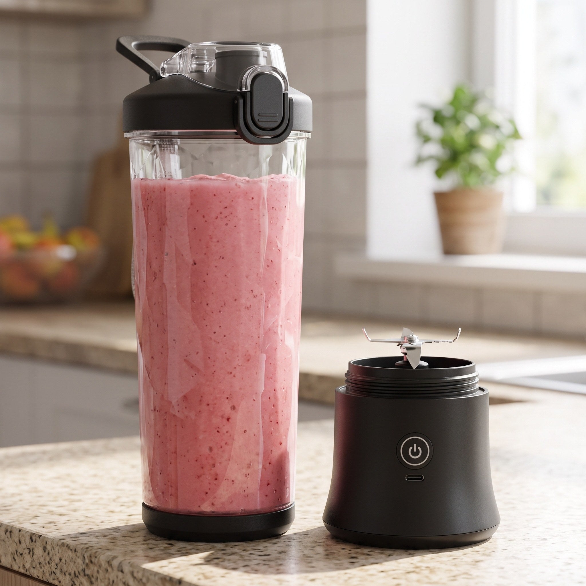 Black travel cup beside its detached motor