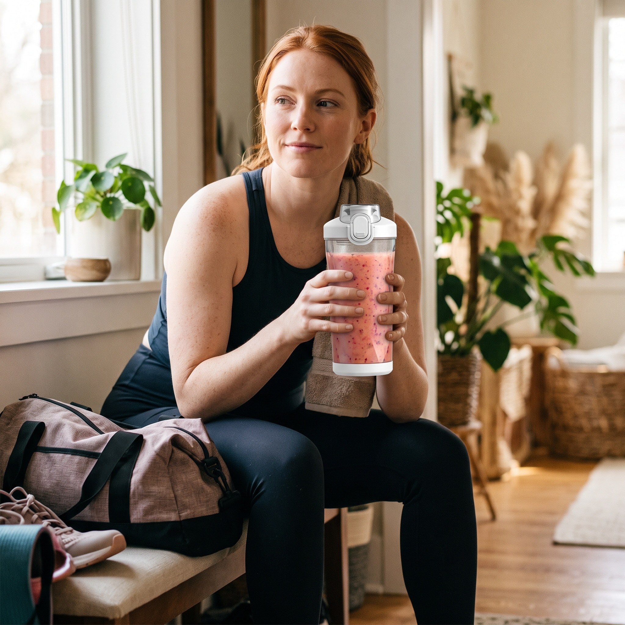 Pink travel-capped smoothie cup after exercise