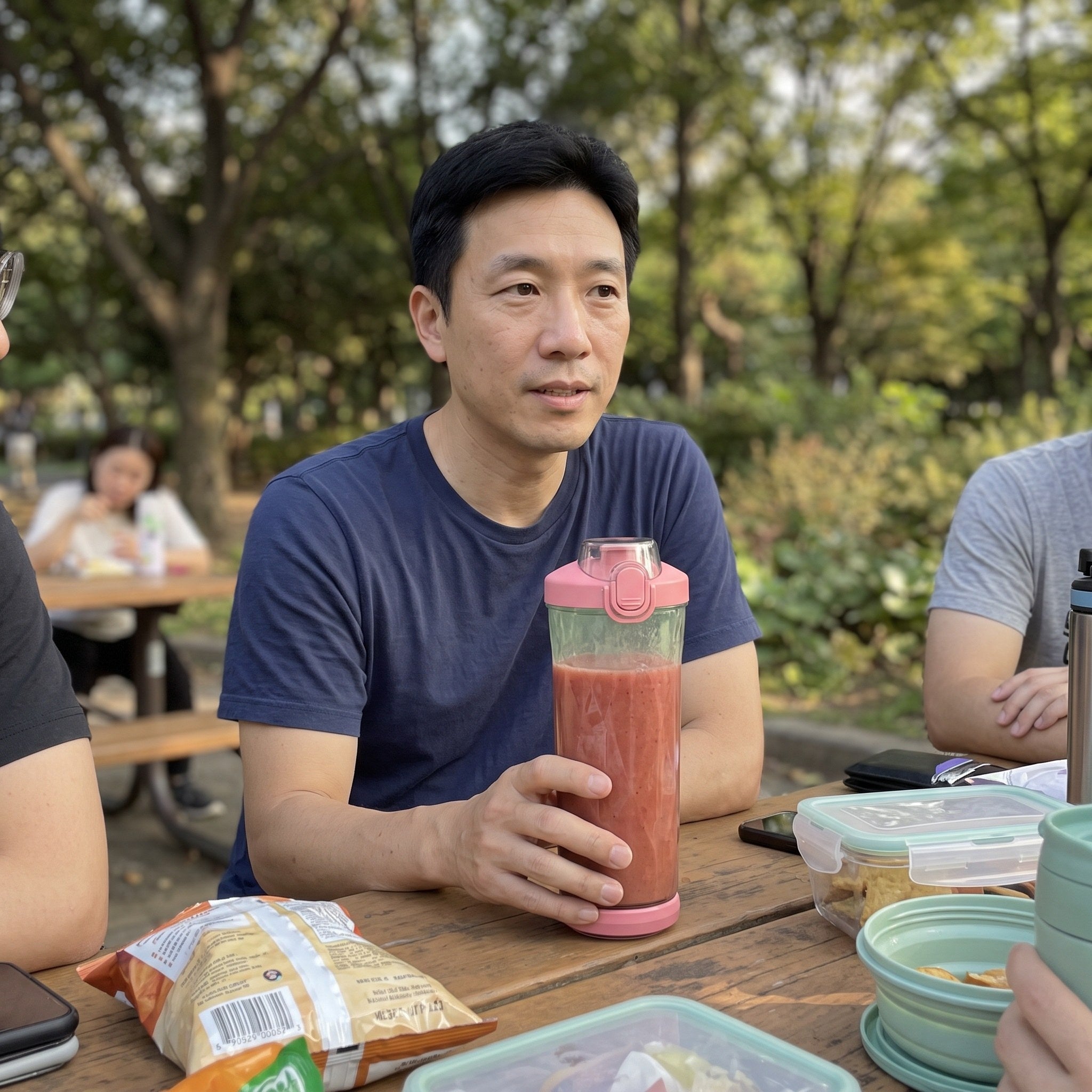 Pink smoothie cup beside a book on a picnic blanket