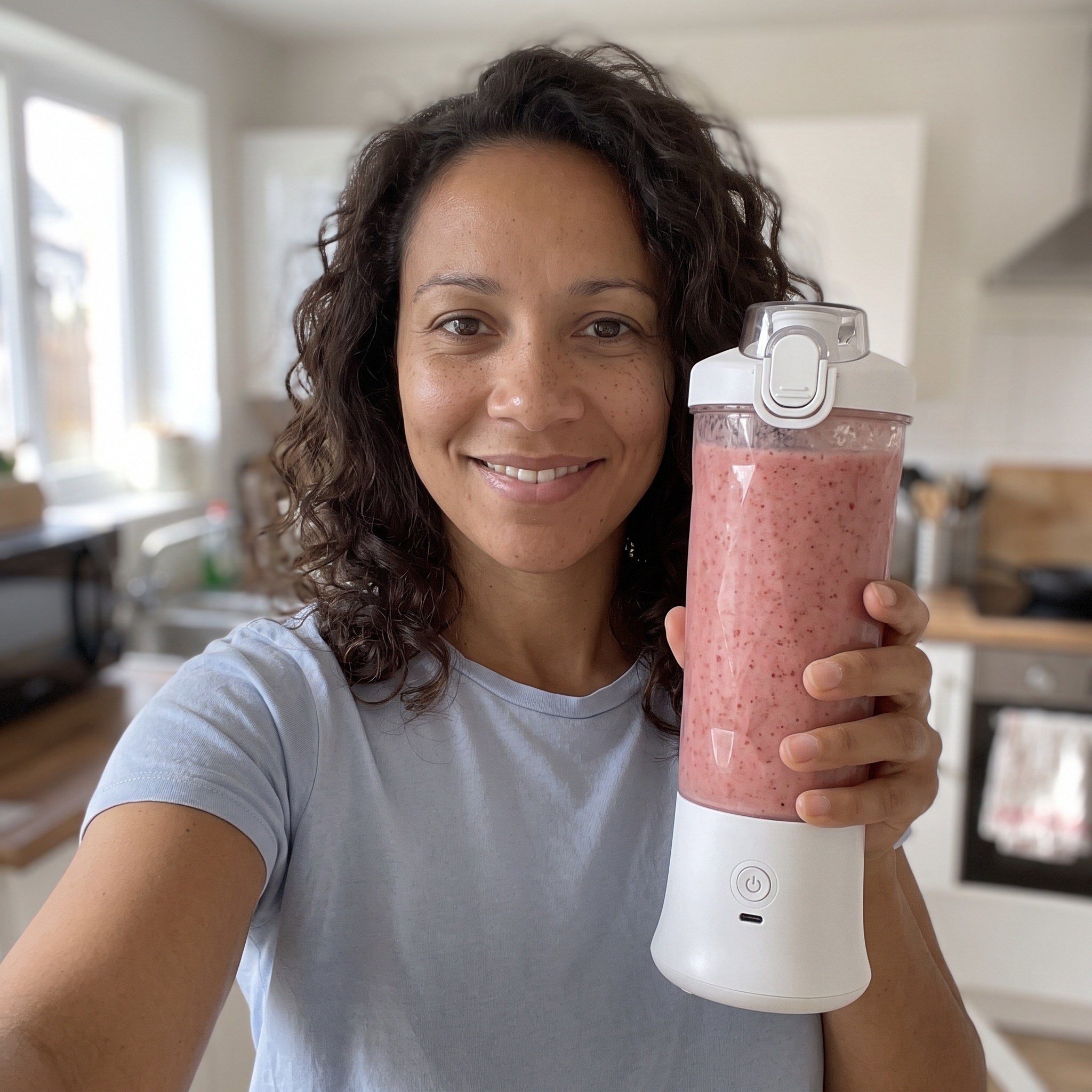 White smoothie cup beside a gym bag