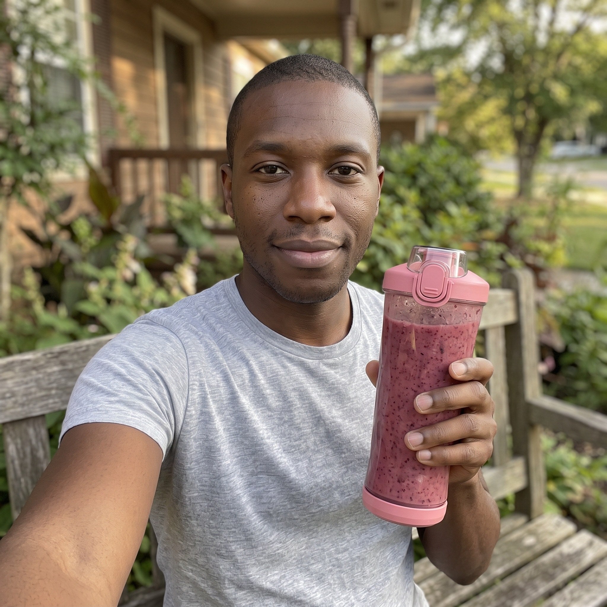 Pink smoothie cup beside a lunchbox