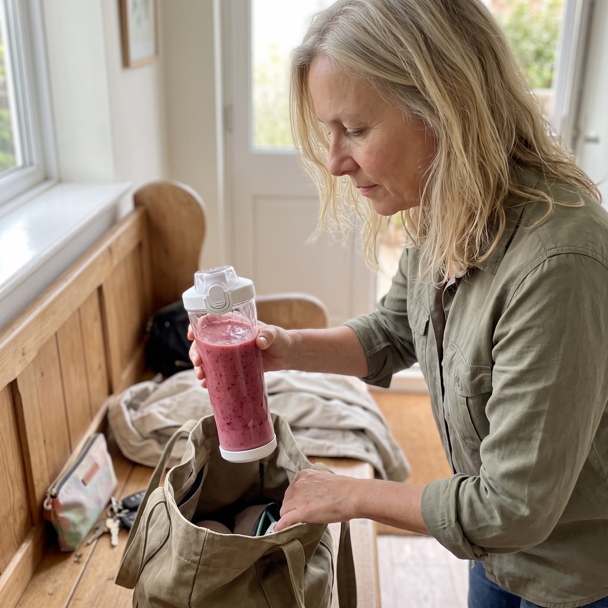 Pink smoothie cup on a creative workbench