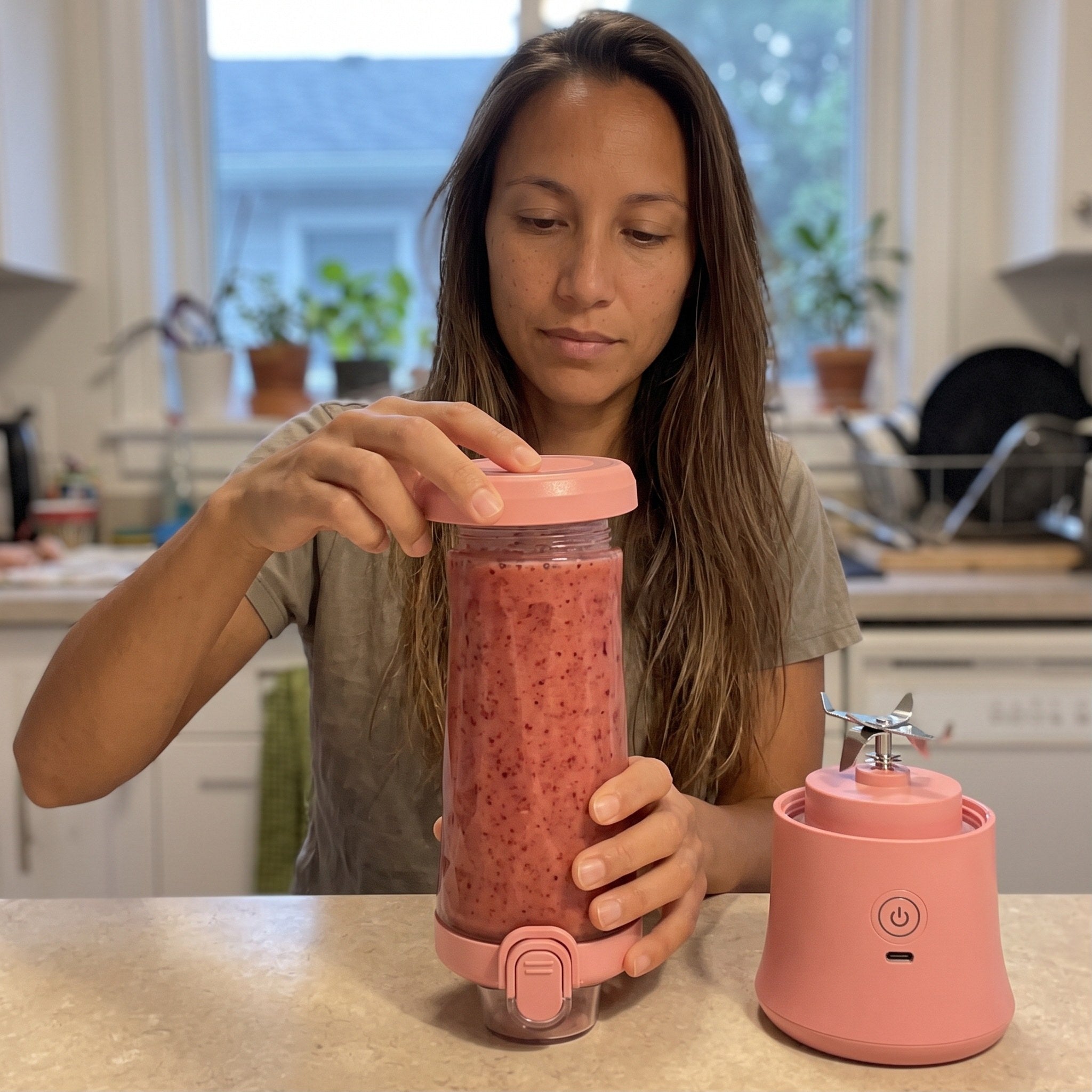 Pink smoothie cup beside car keys