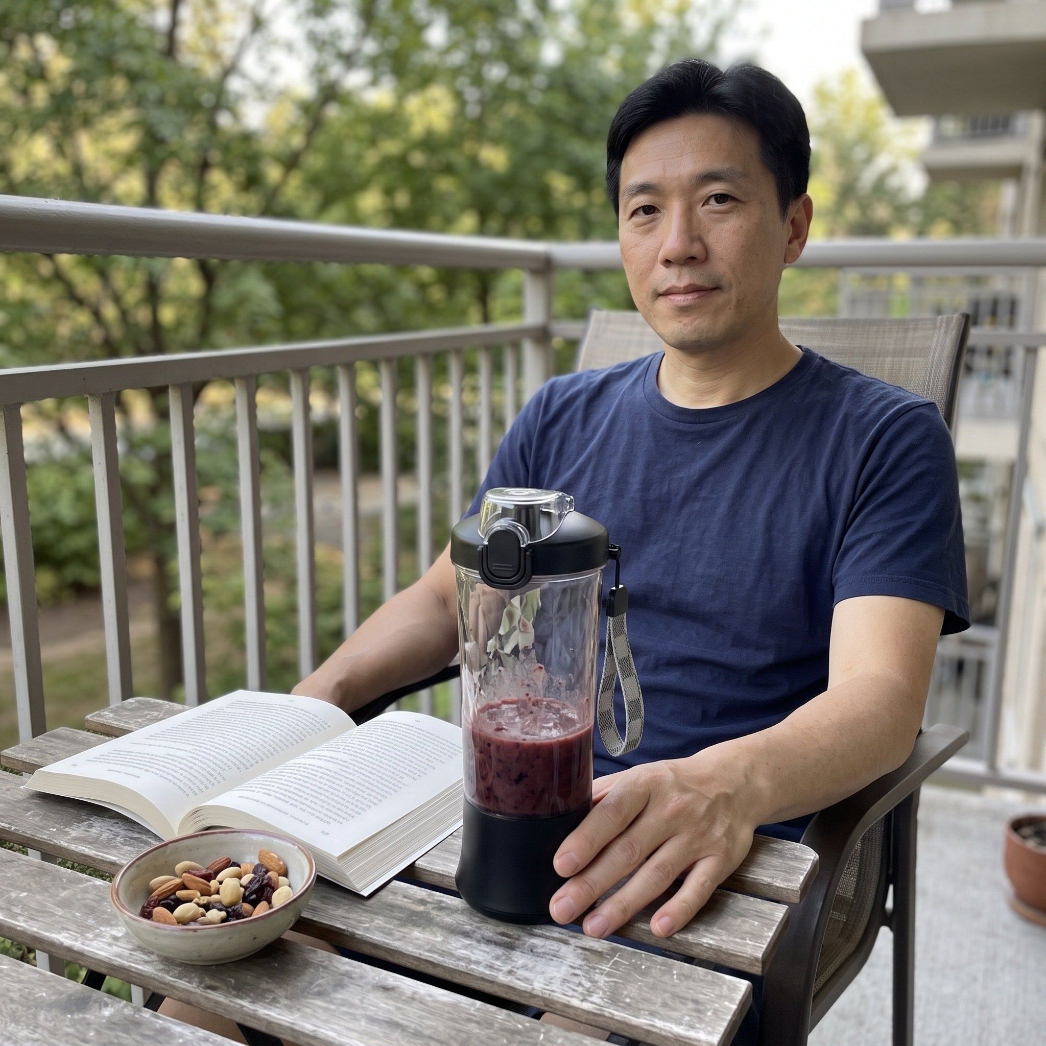 Older woman holding a black smoothie cup on a porch