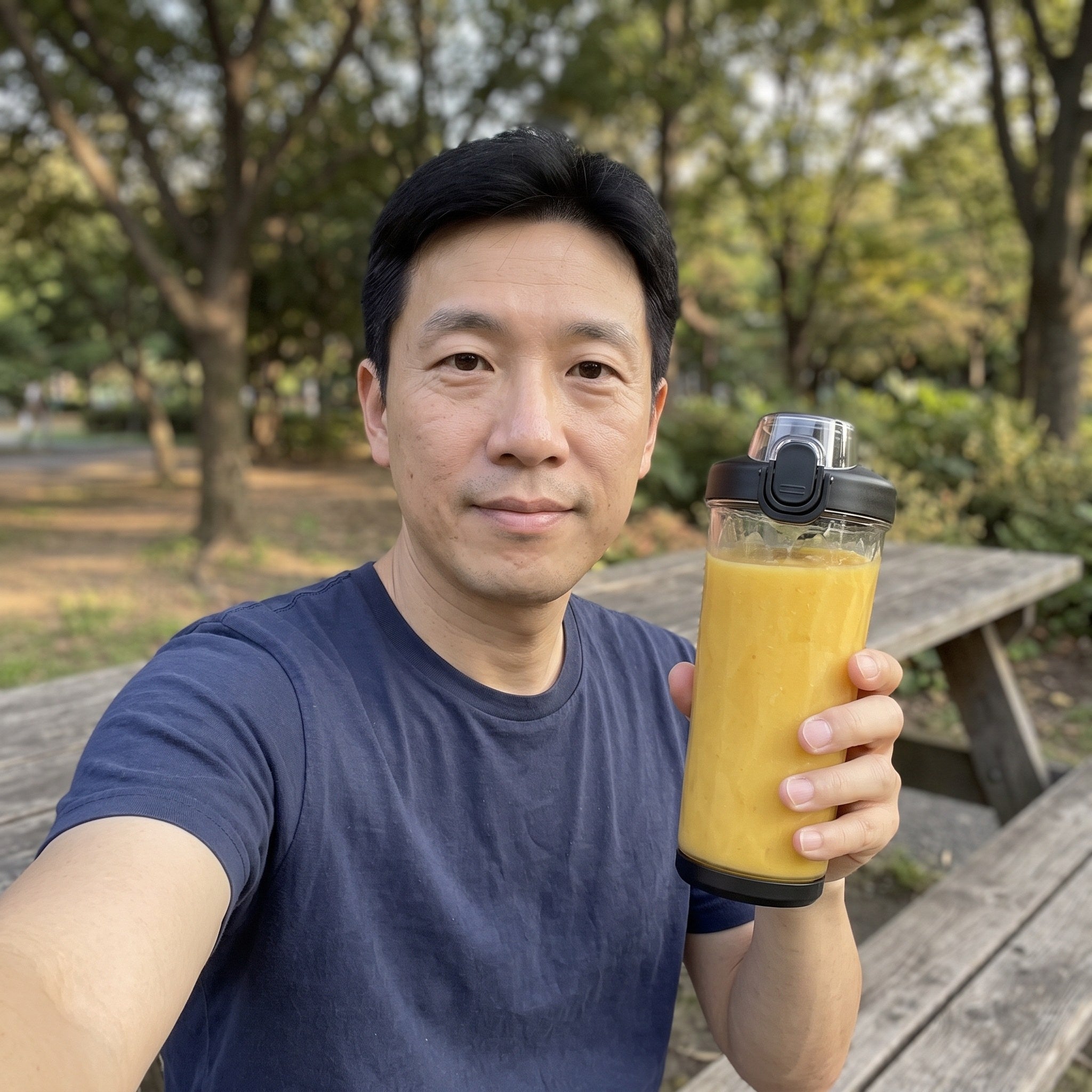 D. K. with a black smoothie cup at a picnic